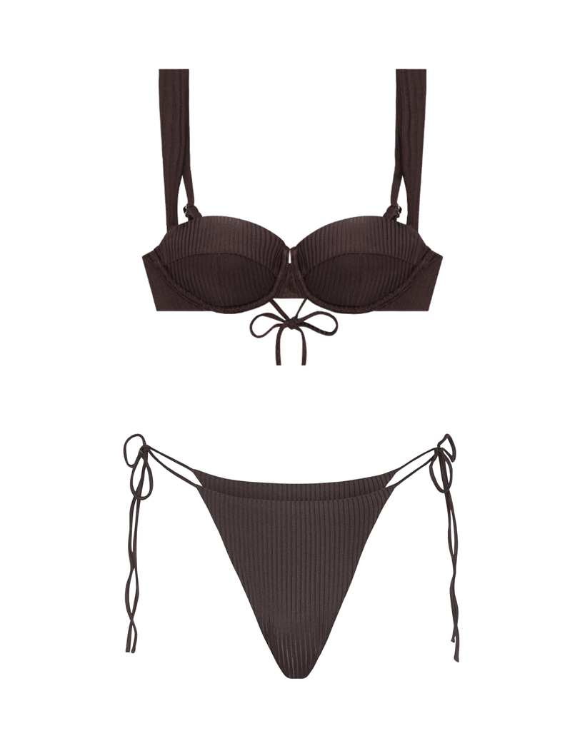 Brown bikini set with a top and bottom on a white background